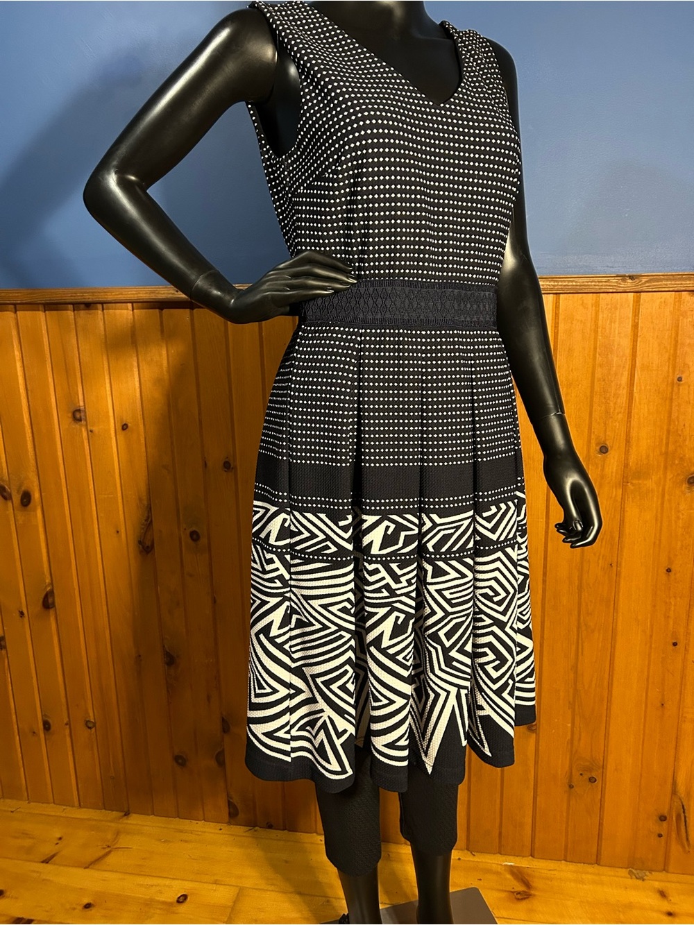 Laura Black & Ivory Patterned Sleeveless Fit and Flare Dress